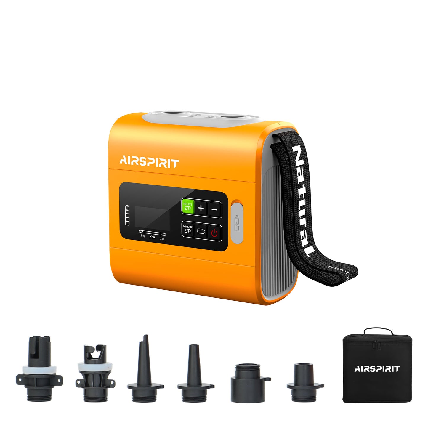 An orange AIRSPIRT electric paddle board pump with intelligent dual stage fast inflate and deflate features, displayed with various nozzle attachments and a carrying case.