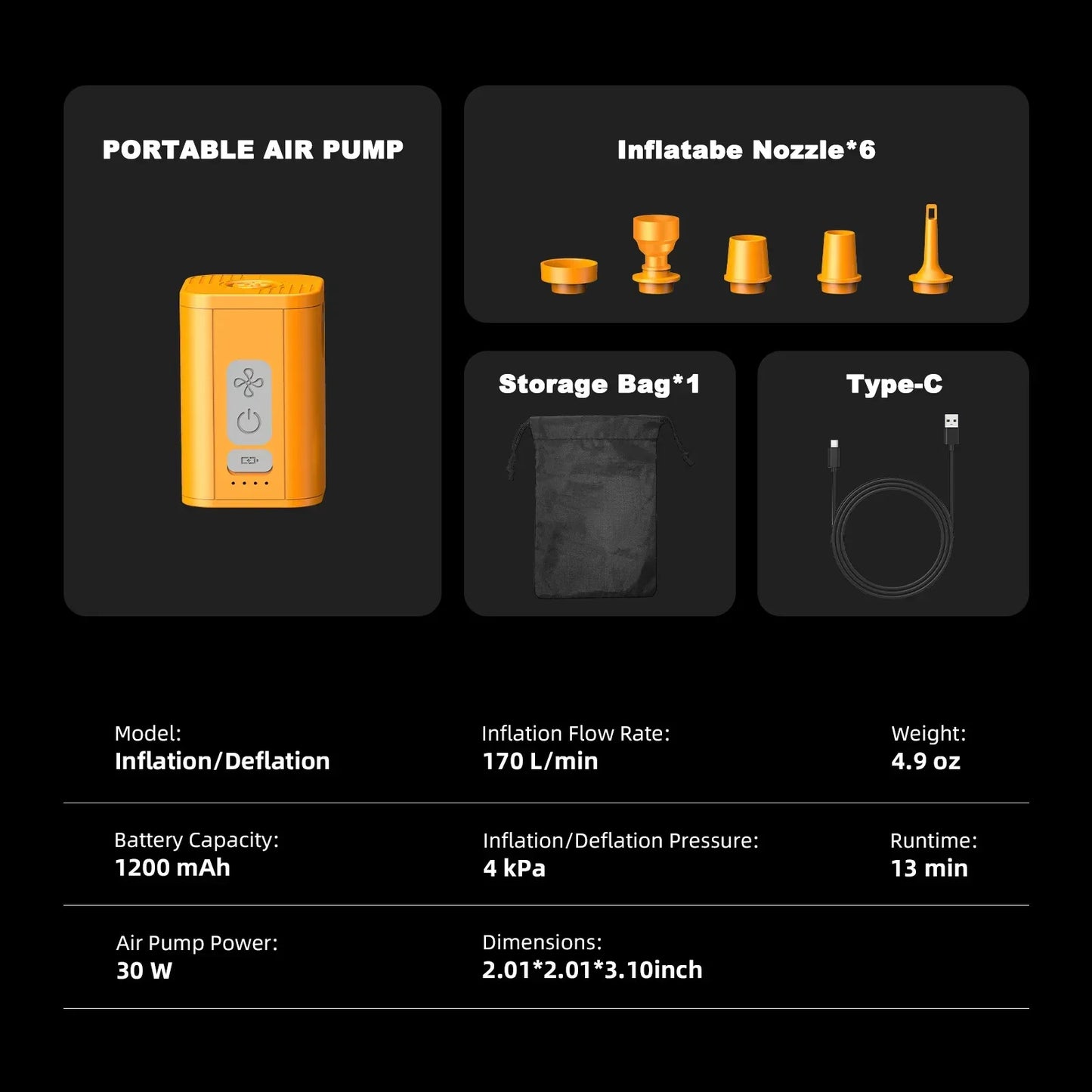 Airspirit Air Pump For Inflatables with 6 Nozzles, 4 Kpa Quick Fill, Mini Electric Air Pump for Air Mattress Sleeping Pad - Airspirit