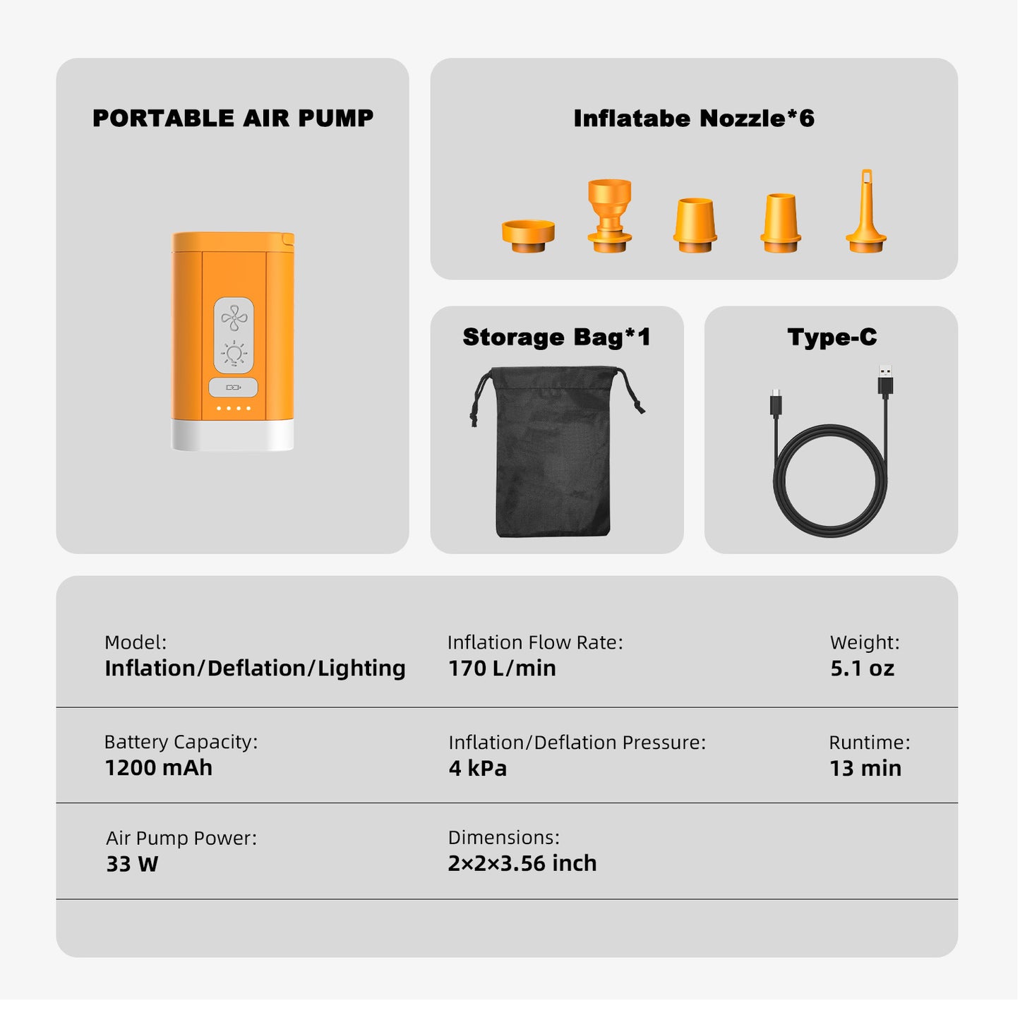 Airspirit Air Pump For Inflatables with Camping Light & 6 Nozzles, 4 Kpa Quick Fill, Mini Electric Air Pump for Air Mattress Sleeping Pad