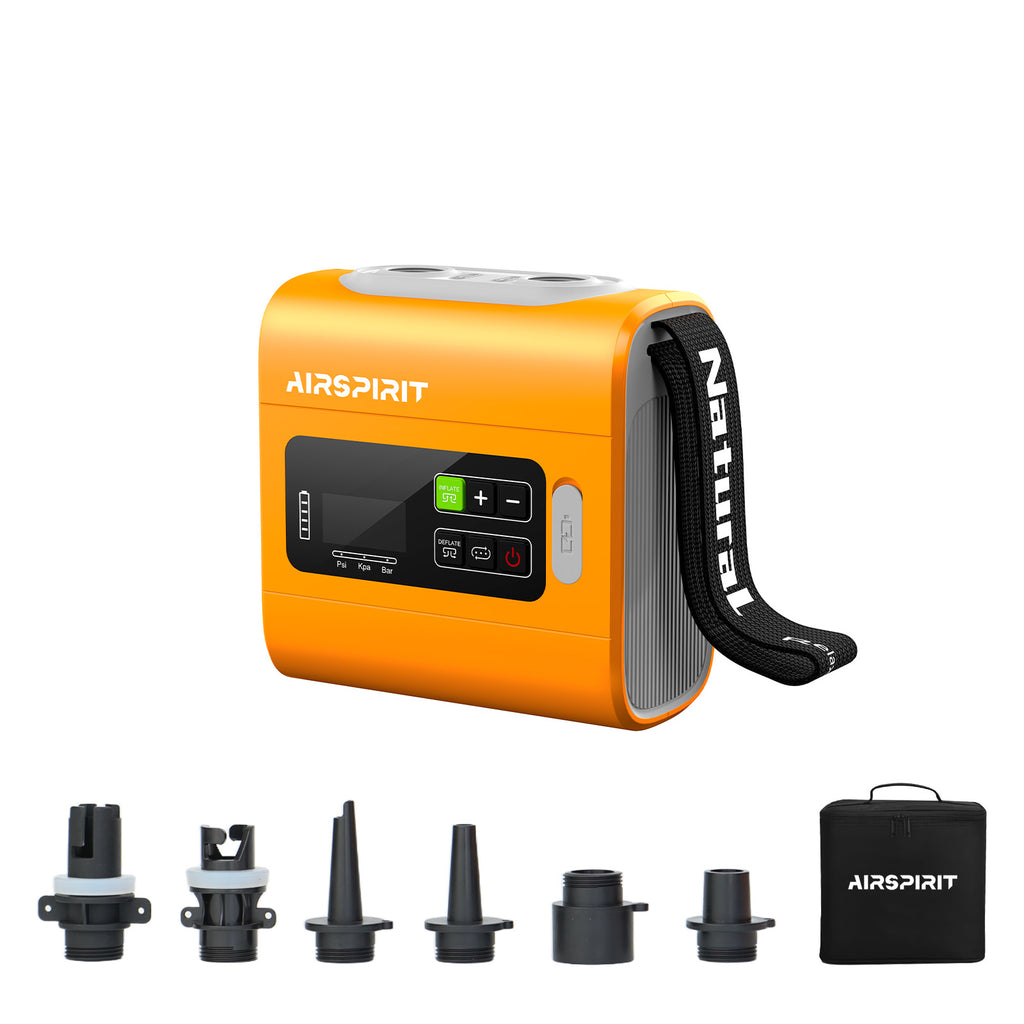 An orange AIRSPIRT electric paddle board pump with intelligent dual stage fast inflate and deflate features, displayed with various nozzle attachments and a carrying case.