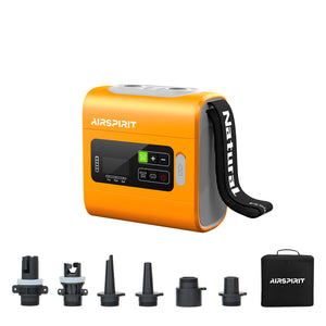 An orange AIRSPIRT electric paddle board pump with intelligent dual stage fast inflate and deflate features, displayed with various nozzle attachments and a carrying case.