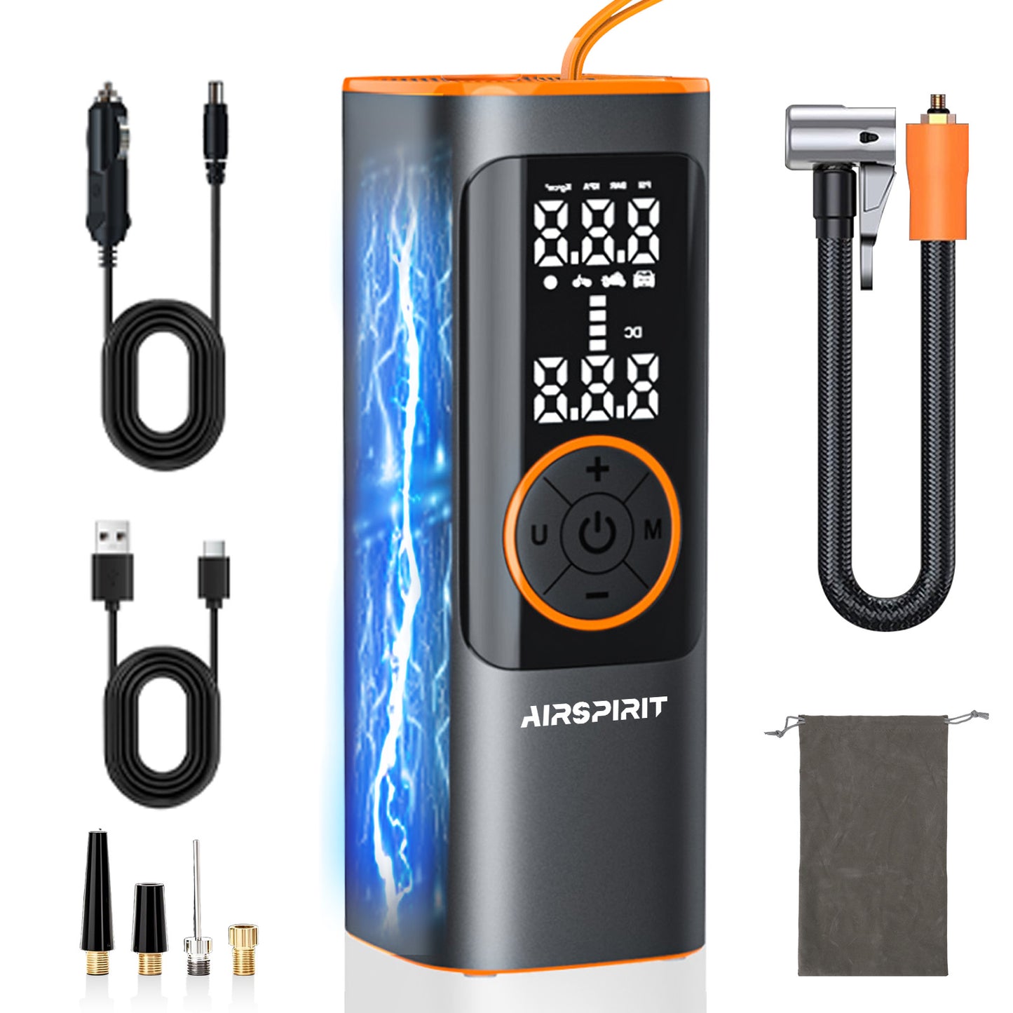 An AIRSPIRIT portable air compressor with an LCD display, digital readout, and various inflation tips attached or included. It appears to be black with orange accents, and there is a power cord, USB cable, and a flashlight mounted on the top.