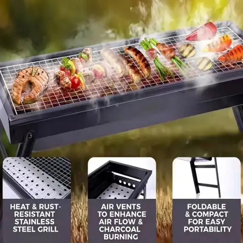 1pc Portable Stainless Steel Folding Grill with Tool Rack - Outdoor Patio Barbecue for Camping,