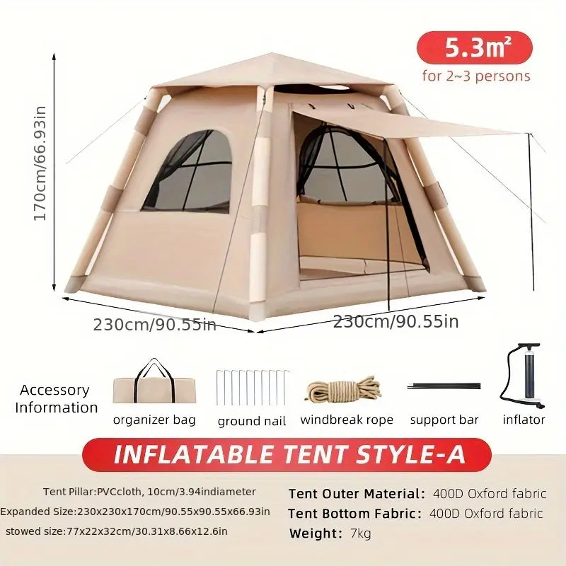 4-Person Waterproof Inflatable Camping Tent - Durable Oxford Fabric, Zip Closure, Portable & Foldable for Outdoor Leisure in Khaki