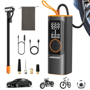 An AIRSPIRIT portable air compressor with an LCD display, digital readout, and various inflation tips attached or included. It appears to be black with orange accents, and there is a power cord, USB cable, and a flashlight mounted on the top.