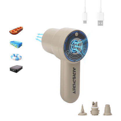 An electric cordless air pump with 3 different nozzles, shown inflating various items such as a sports ball, a pool float, and an inflatable mattress. The air pump is beige in color, has a digital display, and comes with a USB cable.