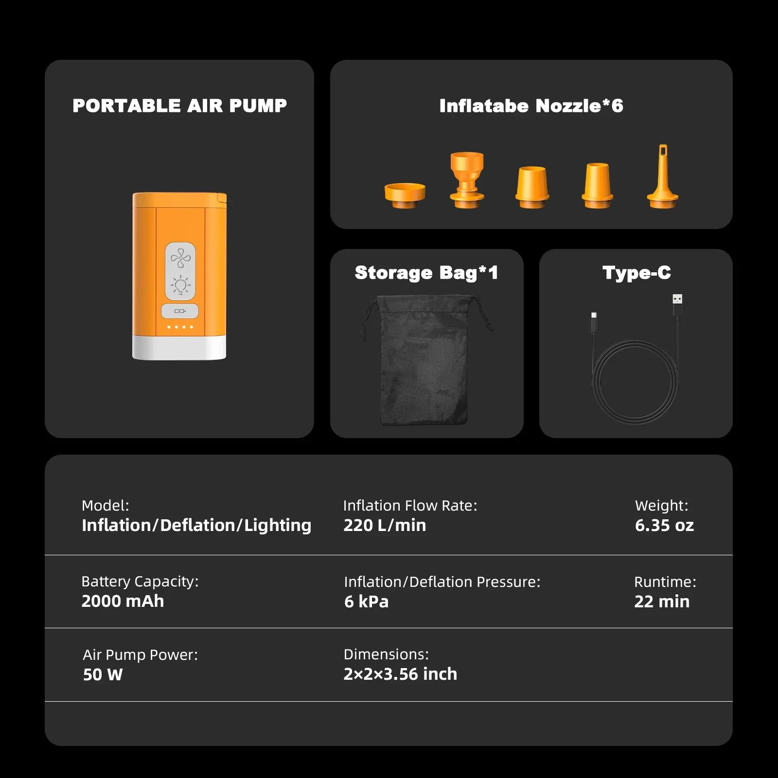 Airspirit Mini Air Pump For Inflatables With Camping Light and 6 Nozzles, 6Kpa Quick Fill, 220L/min Air Flow - Airspirit