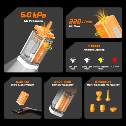 Airspirit Mini Air Pump For Inflatables With Camping Light and 6 Nozzles, 6Kpa Quick Fill, 220L/min Air Flow - Airspirit