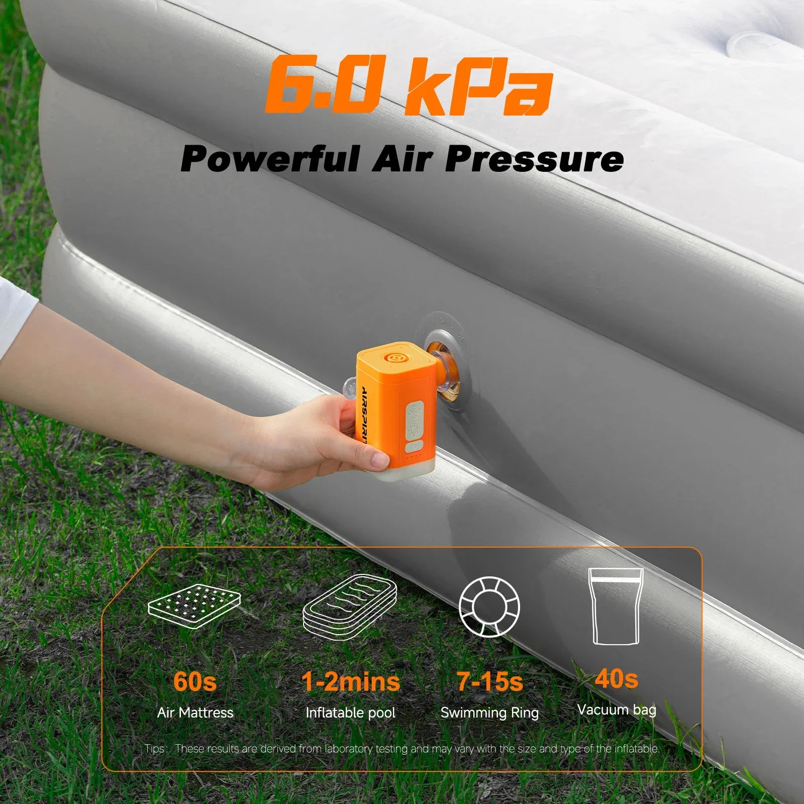 Airspirit Mini Air Pump For Inflatables With Camping Light and 6 Nozzles, 6Kpa Quick Fill, 220L/min Air Flow - Airspirit