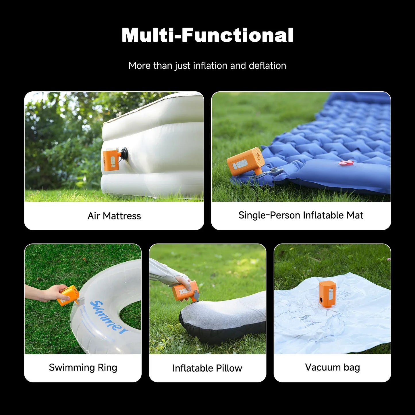 Airspirit Air Pump For Inflatables with 6 Nozzles, 4 Kpa Quick Fill, Mini Electric Air Pump for Air Mattress Sleeping Pad - Airspirit