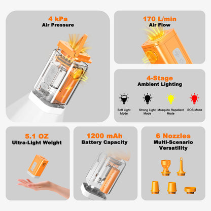 Airspirit Air Pump For Inflatables with Camping Light & 6 Nozzles, 4 Kpa Quick Fill, Mini Electric Air Pump for Air Mattress Sleeping Pad