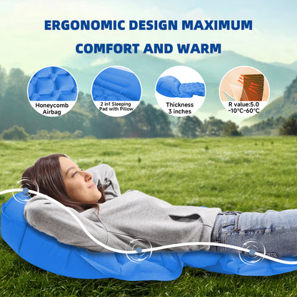 Inflatable Sleeping Pad with Pillow for Camping-Built in Foot Pump Fast Inflation-Ultralight Upgraded Durable Compact Sleeping Mat