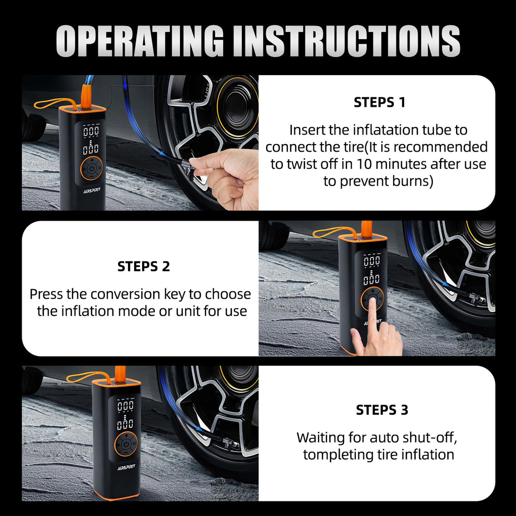 AIRSPIRIT Portable Tire Inflator 150PSI 5X Fast Inflation and Auto Shutoff Function Car Tire Air Pump for Cars Motorcycles Bikes Balls